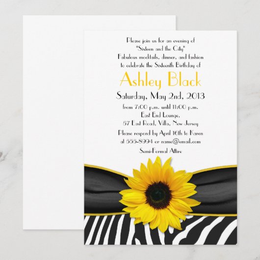 Sassy Sunflower Zebra Print Sweet 16 Uitnodiging (Voorkant / Achterkant)