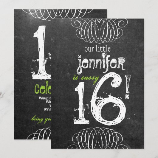 Sassy Sweet Sixteen Uitnodiging tot chroalkboard (Voorkant / Achterkant)