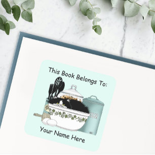 Sassy Tuxedo Kat Vintage Kom Aqua Retro Boekplaat Vierkante Sticker
