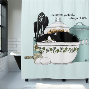 Sassy Tuxedo Kat Vintage Kom Aqua Retro Keuken Douchegordijn
