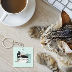 Sassy Tuxedo Kat Vintage Kom Aqua Retro Keuken Sleutelhanger