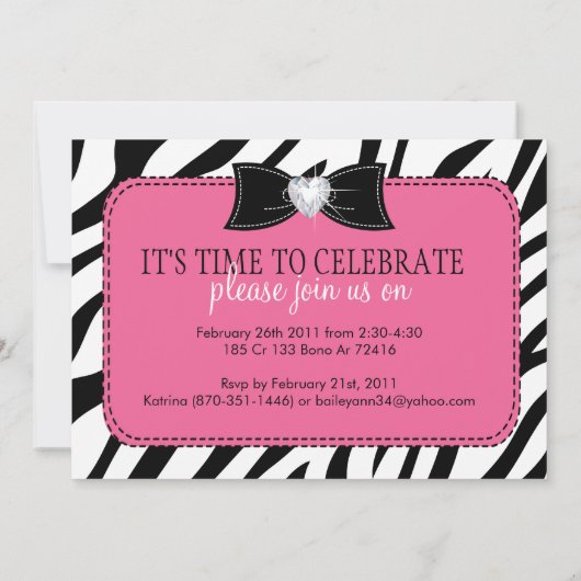 Sassy Zebra Birthday Party Invitation Kaart (Achterkant)