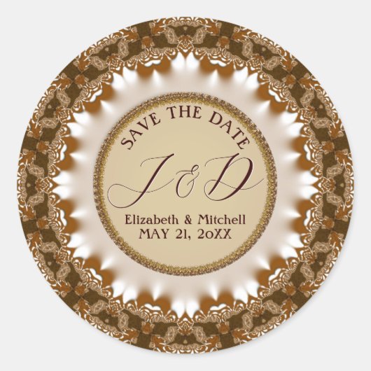 Satin Aarde Kant Monogram Save the Date Ronde Sticker (Voorkant)