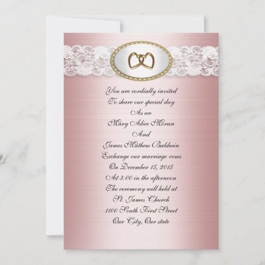 Satin and lace Wedding Invitation Pink Kaart (Voorkant)