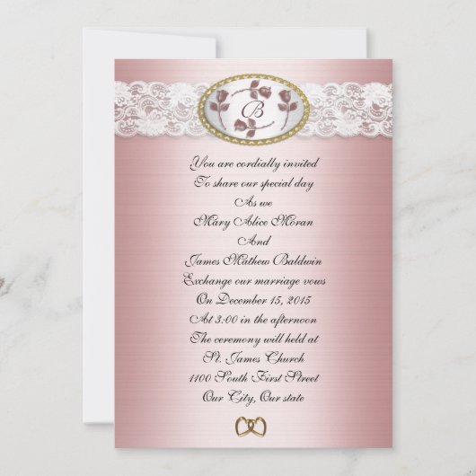 Satin and lace Wedding Monogram Uitnodiging (Voorkant)