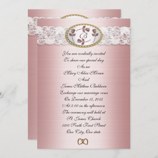 Satin and lace Wedding Monogram Uitnodiging (Voorkant / Achterkant)