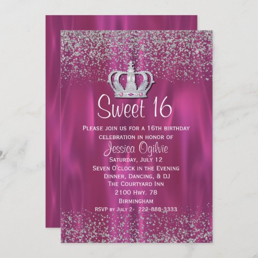 Satin en Glitter look Sweet 16 Uitnodiging (Voorkant / Achterkant)