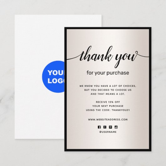 Satin Gold Hartelijk dank voor uw aankoopbriefkaar Notitiekaartje (Voorkant / Achterkant)