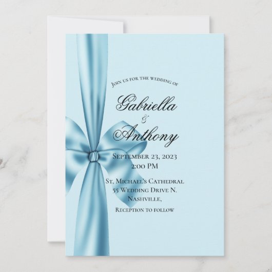 Satin Ribbon Blue Wedding Invitation Kaart (Voorkant)