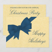 Satin Ribbon & Bow Holiday Party Invite, Blue Kaart (Voorkant / Achterkant)