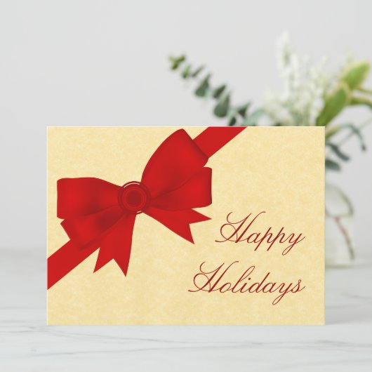 Satin Ribbon & Bow Holiday Party Invite, Red Kaart (Staand voorkant)