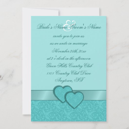 Satin Ribbon & Damask Hearts Wedding Invitation Kaart (Voorkant)