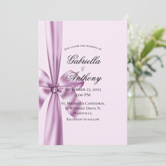 Satin Ribbon Paars Lavender Weddenschap Kaart (Staand voorkant)