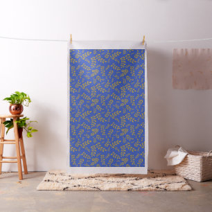 Satin Sheen Gouden Bladeren op Cerulean Blauw Stof
