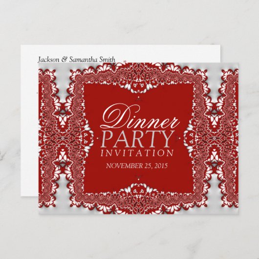 Satin Silver Red Lace Dinner Party nodigt Briefkaa Uitnodiging Briefkaart (Voorkant / Achterkant)