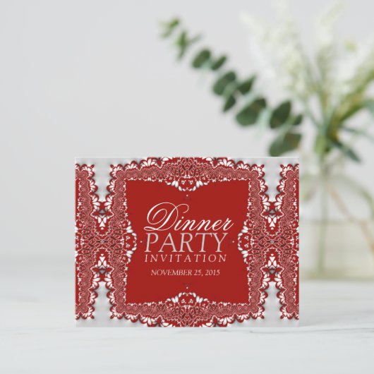Satin Silver Red Lace Dinner Party nodigt Briefkaa Uitnodiging Briefkaart (Staand voorkant)