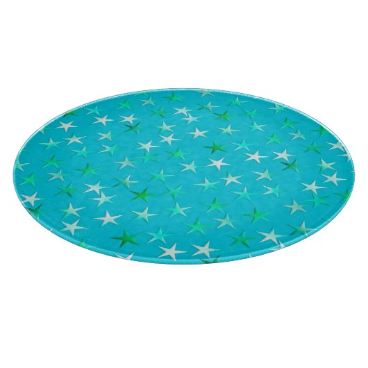 Satin sterren, bleek groen en blauw op turquoise snijplank (Hoek)