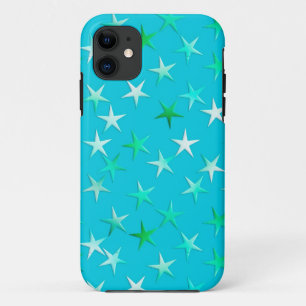 Satin sterren, lichtgroen en blauw op turquoise iPhone 11 hoesje