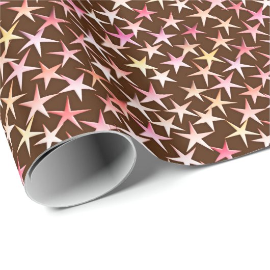 Satin sterren, roze op chocolade cadeaupapier (Rol Hoek)