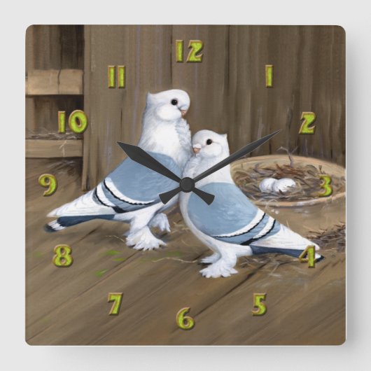 Satinette Frill Pigeons Clock Vierkante Klok (Voorkant)