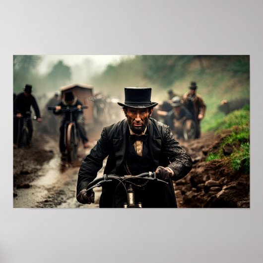Satirisch uitzicht van Abraham Lincoln op een fiet Poster (Voorkant)