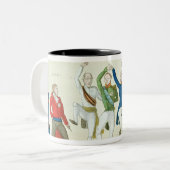 Satirische cartoon die de sleutel afgeeft tweekleurige koffiemok (Voorkant links)