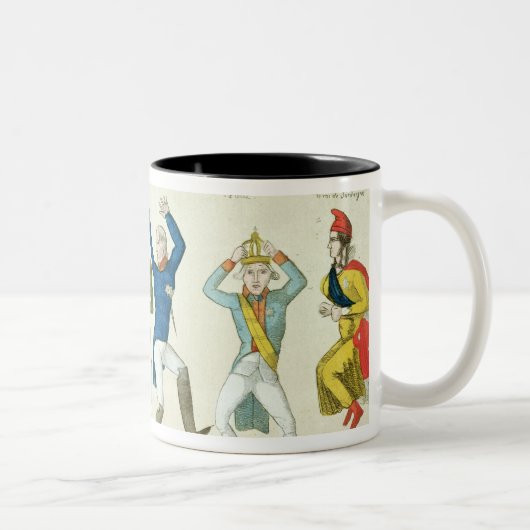 Satirische cartoon die de sleutel afgeeft tweekleurige koffiemok (Rechts)