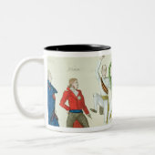 Satirische cartoon die de sleutel afgeeft tweekleurige koffiemok (Links)