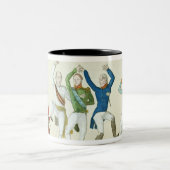 Satirische cartoon die de sleutel afgeeft tweekleurige koffiemok (Center)