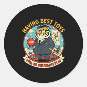 Satirische tijger met speelgoed grappige grafische ronde sticker
