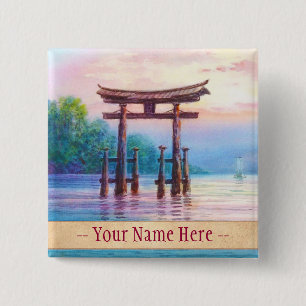 Satta Miyajima Torii en Sailboten japanse kunst Vierkante Button 5,1 Cm