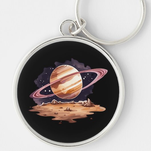 Saturnus planeet waterverf schilderij sleutelhanger (Voorkant)