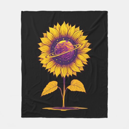 Saturnus Zonnebloem-zwart Fleece Deken (Voorkant)
