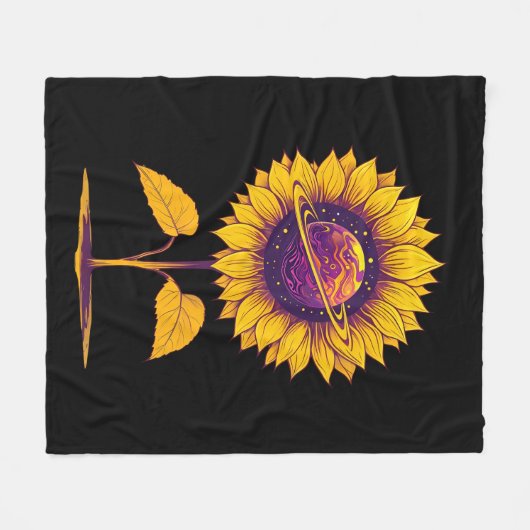 Saturnus Zonnebloem-zwart Fleece Deken (Voorkant (Horizontaal))