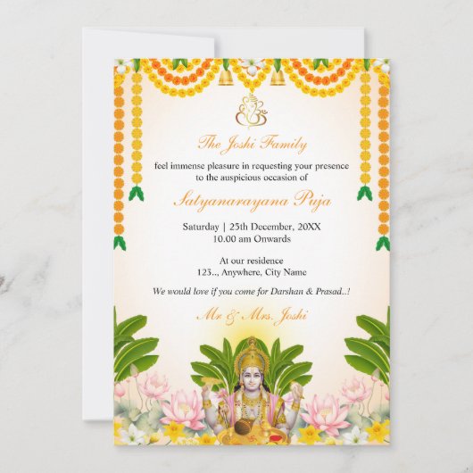 Satyanarayan Katha Invitation Kaart, Indische Puja Kaart (Voorkant)