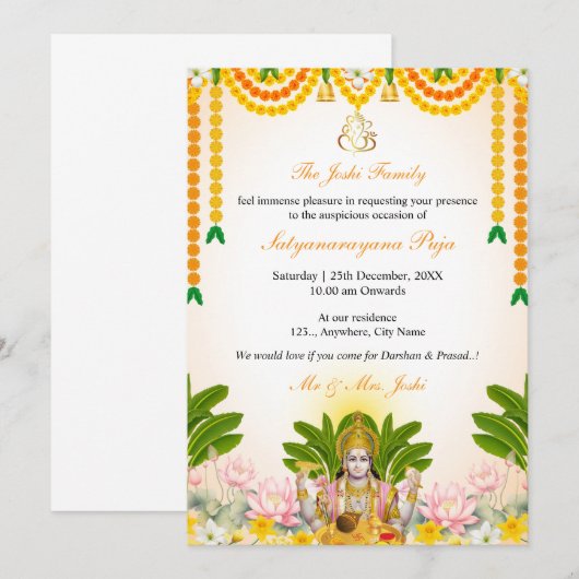 Satyanarayan Katha Invitation Kaart, Indische Puja Kaart (Voorkant / Achterkant)