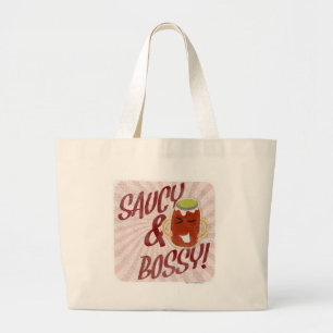 Saucy en Bossy Fun Pasta Cartoon Slogan Grote Tote Bag