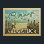 Saugatuck Beach Vintage Travel Briefkaart<br><div class="desc">Deze groeten van het  briefkaart Saugatuck zijn voorzien van een zandig strand met een mooi oceaanwater uit turquoise en boven het zee,  een blauwe hemel met blauw witte wolken. In de klassieke reisstijl.</div>