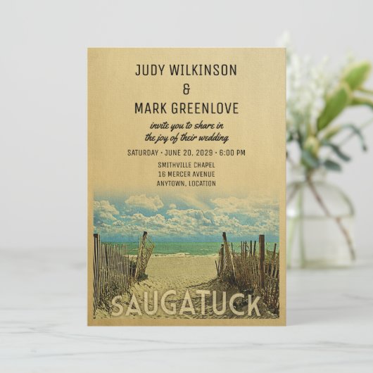 Saugatuck Beach Vintage Wedding Invitation Kaart (Staand voorkant)