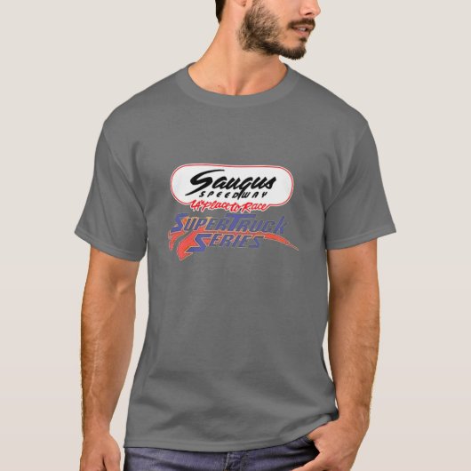 Saugus Speedway Supertruck serie donker t-shirt (Voorkant)