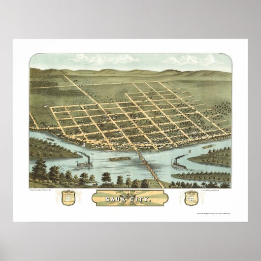 Sauk City, WI Panoramic Map - 1870 Poster (Voorkant)