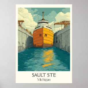 Sault Ste. Marie MI Vintage Soo Locks Ship Art Poster