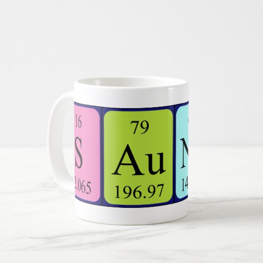 Saundra periodieke mok tabelnaam (Voorkant links)