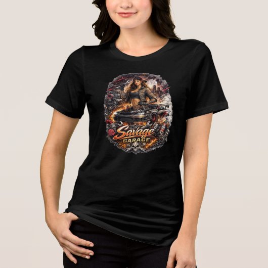 Savage Garage Aangepaste Fabricator Vrouwelijke Mo Tri-Blend Shirt (Voorkant)