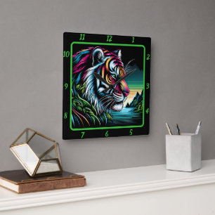 Savage Neon Tiger Artwork Vierkante Klok