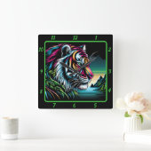 Savage Neon Tiger Artwork Vierkante Klok (Huis)