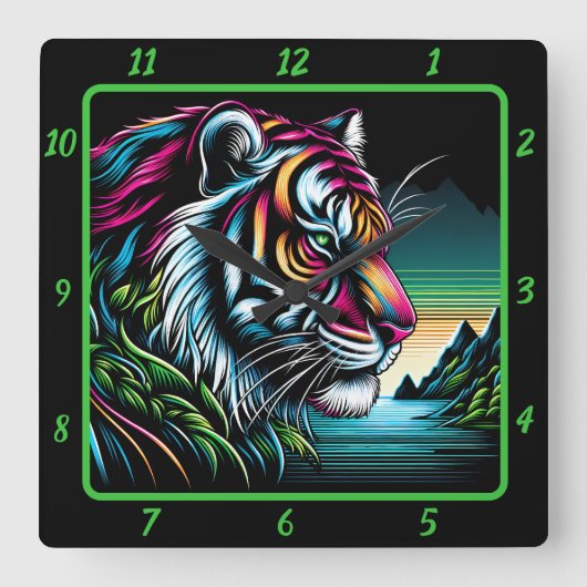 Savage Neon Tiger Artwork Vierkante Klok (Voorkant)