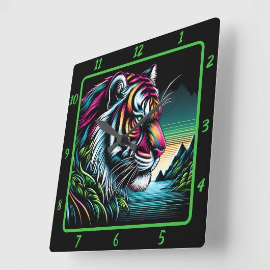 Savage Neon Tiger Artwork Vierkante Klok (Hoek)