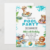 Savanna Animals Pool Party Birthday Invitation Kaart (Voorkant / Achterkant)