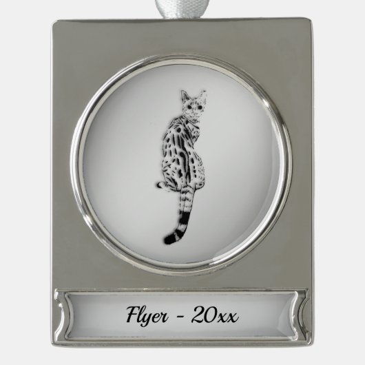 Savannah Cat Silver Name en Year Verzilverd Banner Ornament (Voorkant)
